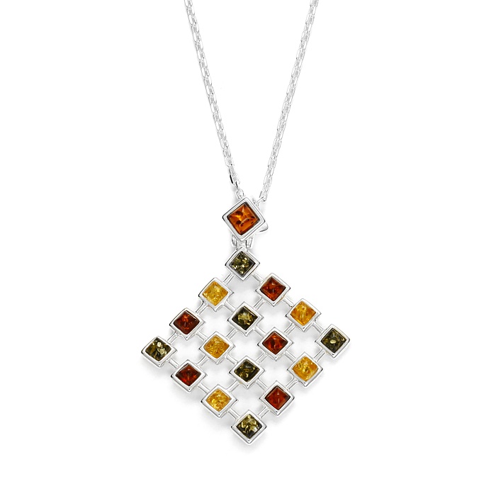 Très jolie pendentif carré ambre multicolore sur argent 925/1000.