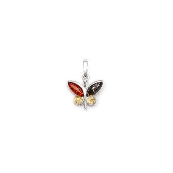Pendentif petit papillon ambre multicolore et argent.